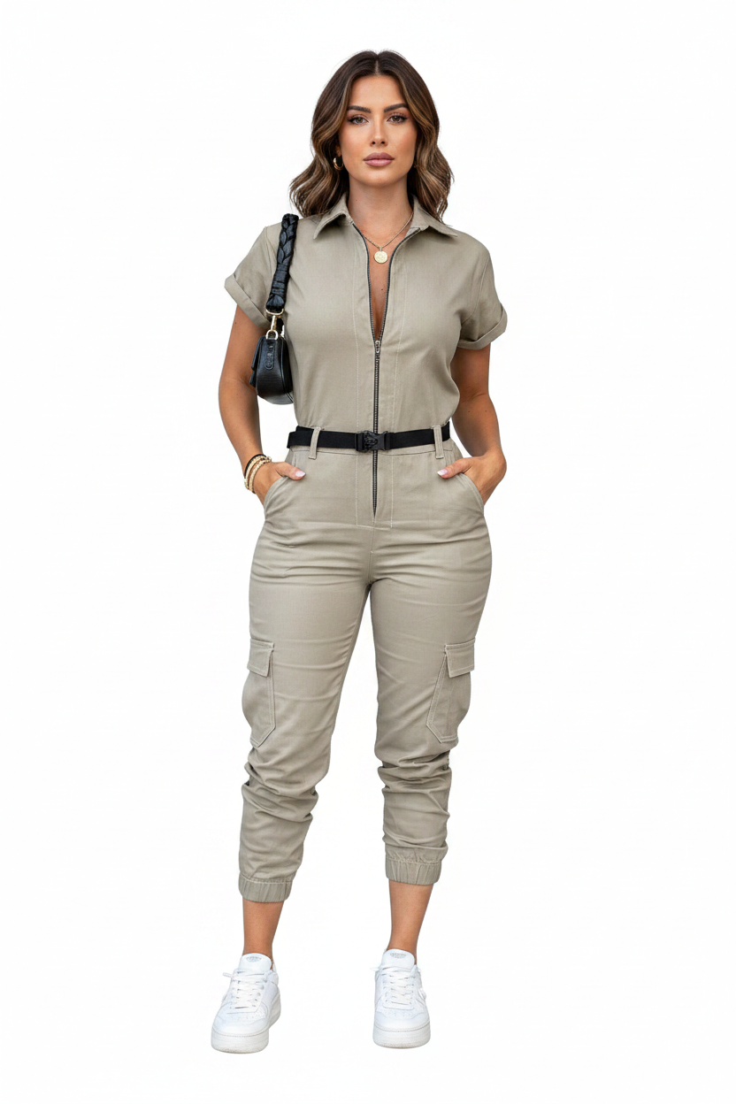Sleek Casual Short Jumpsuit for Women with Pockets & Adjustable Straps - Jamota