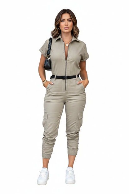 Sleek Casual Short Jumpsuit for Women with Pockets & Adjustable Straps - Jamota