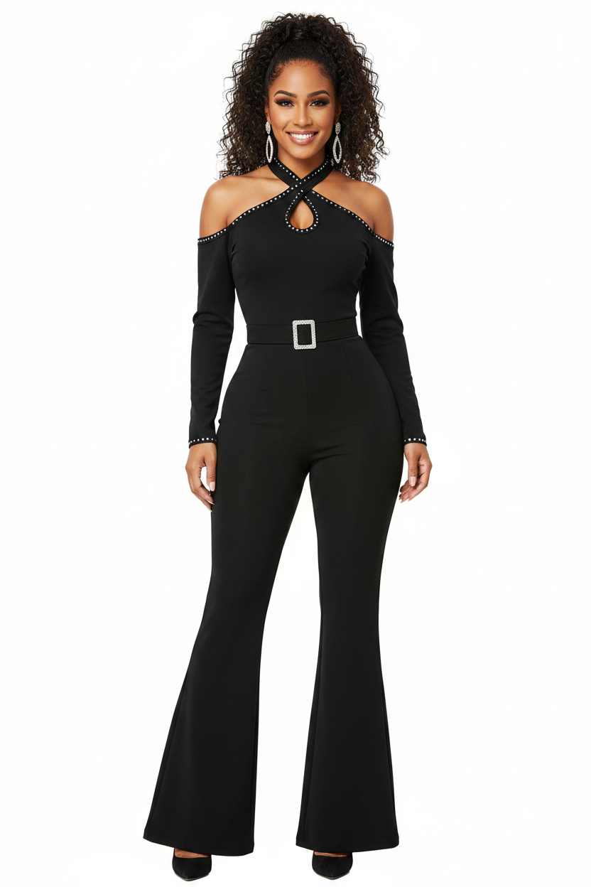 Elegant Cold Shoulder Jumpsuit with Pockets and Adjustable Straps - Jamota