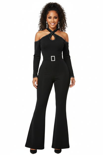 Elegant Cold Shoulder Jumpsuit with Pockets and Adjustable Straps - Jamota