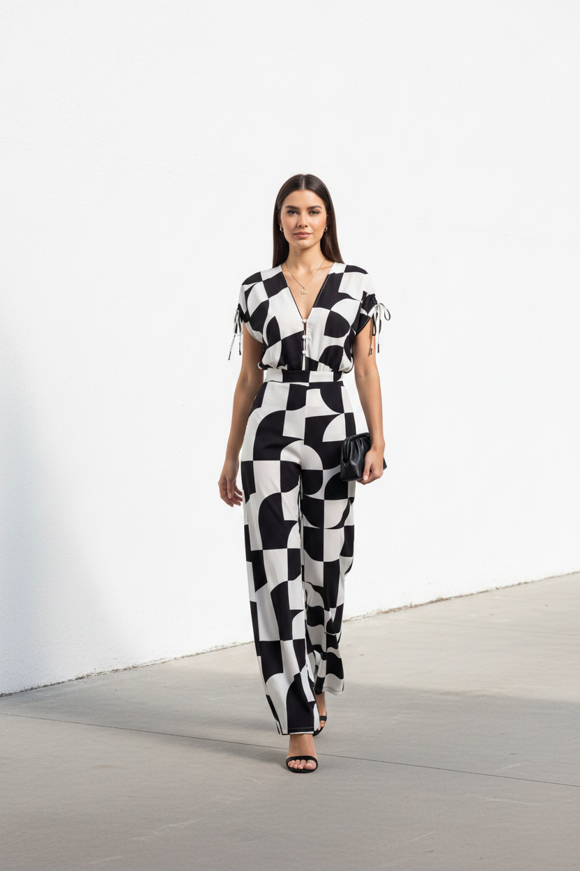 Stylish Geometric Casual Jumpsuit with Pockets and Adjustable Straps by Jamota One-Pieces Jumpsuits & Rompers
