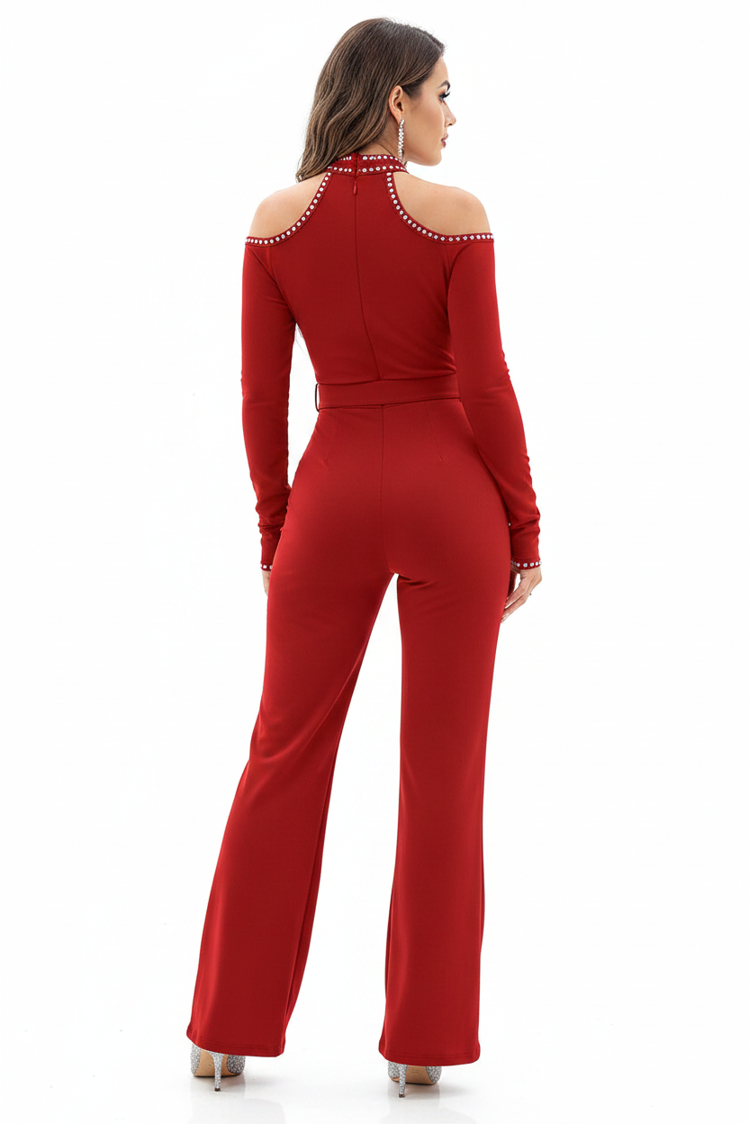 Elegant Cold Shoulder Jumpsuit with Pockets and Adjustable Straps - Jamota