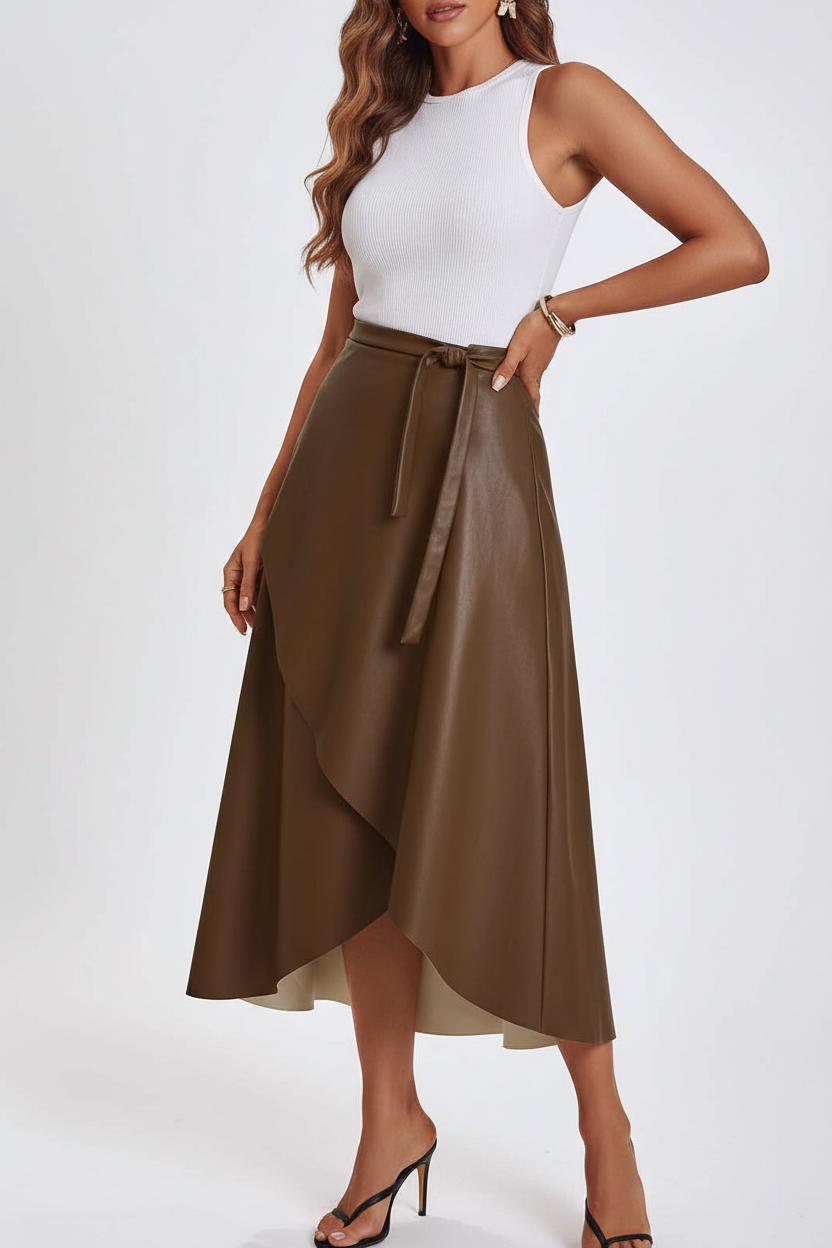 Brown Midi Skirt Wrap With Adjustable Side Tie For A Sleek Silhouette Sheen Polyurethane Leather by Jamota Skirts Women's Skirts