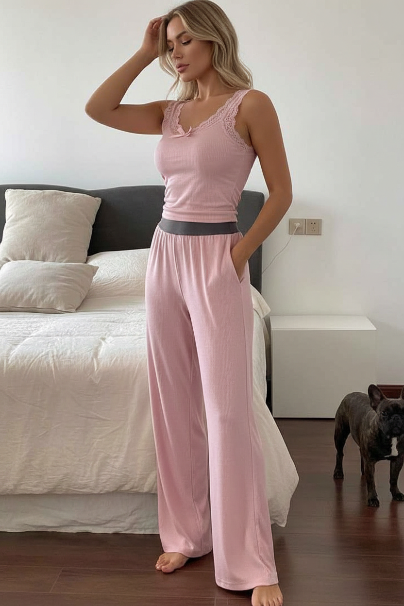 Women's Ribbed Pajama Set with Lace Accents | Soft & Comfortable Loung by Jamota Pajamas Women's Sleepwear & Loungewear
