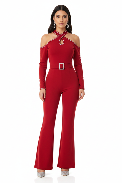 Elegant Cold Shoulder Jumpsuit with Pockets and Adjustable Straps - Jamota