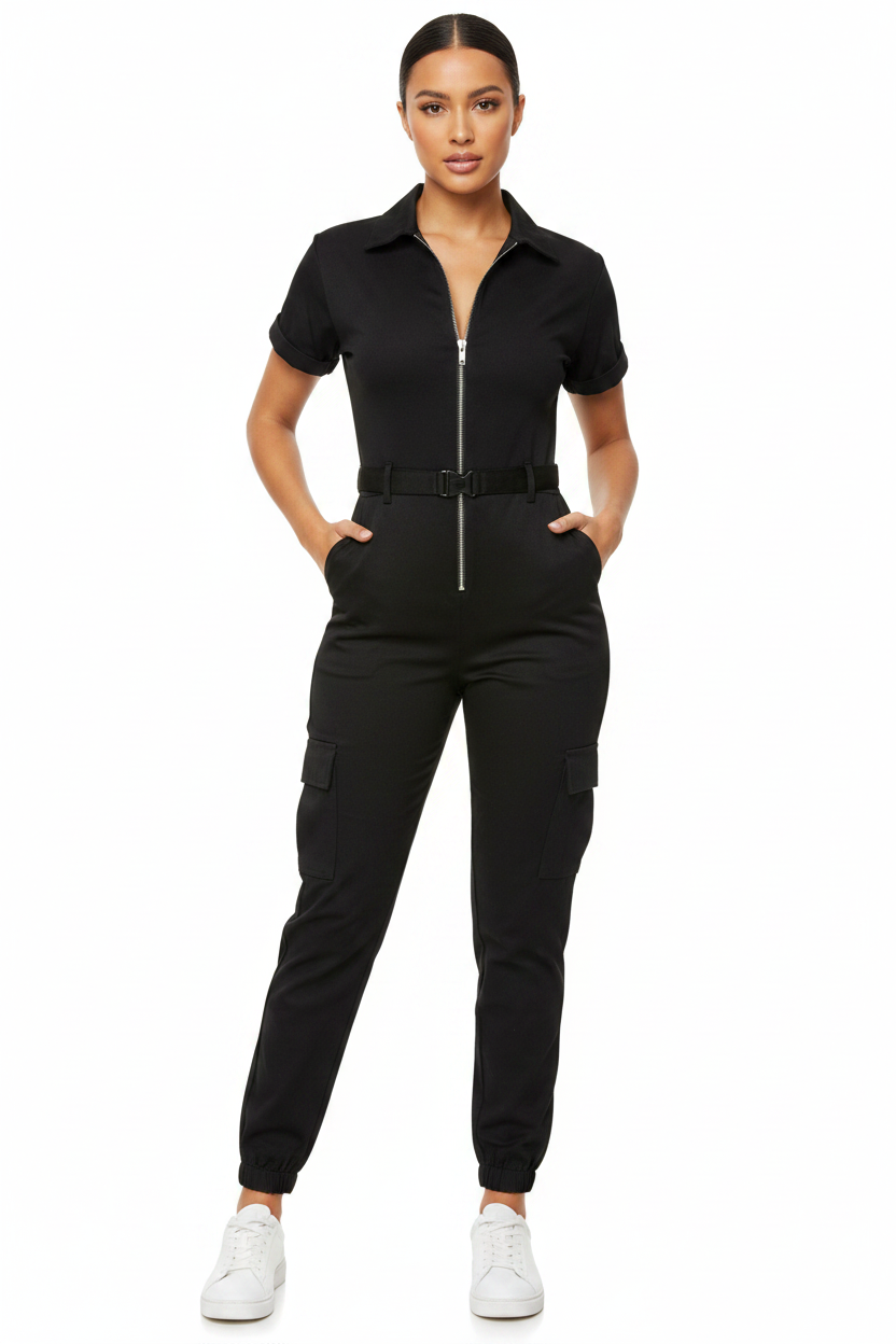 Sleek Casual Short Jumpsuit for Women with Pockets & Adjustable Straps - Jamota