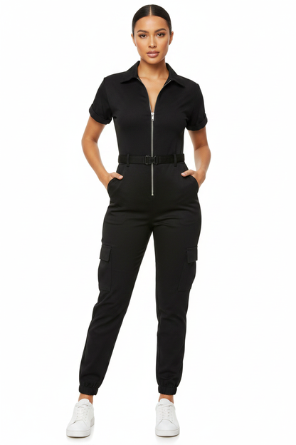 Sleek Casual Short Jumpsuit for Women with Pockets & Adjustable Straps - Jamota