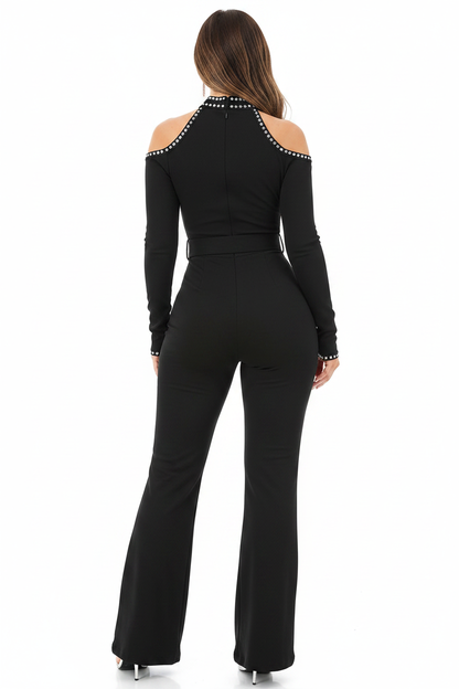 Elegant Cold Shoulder Jumpsuit with Pockets and Adjustable Straps - Jamota