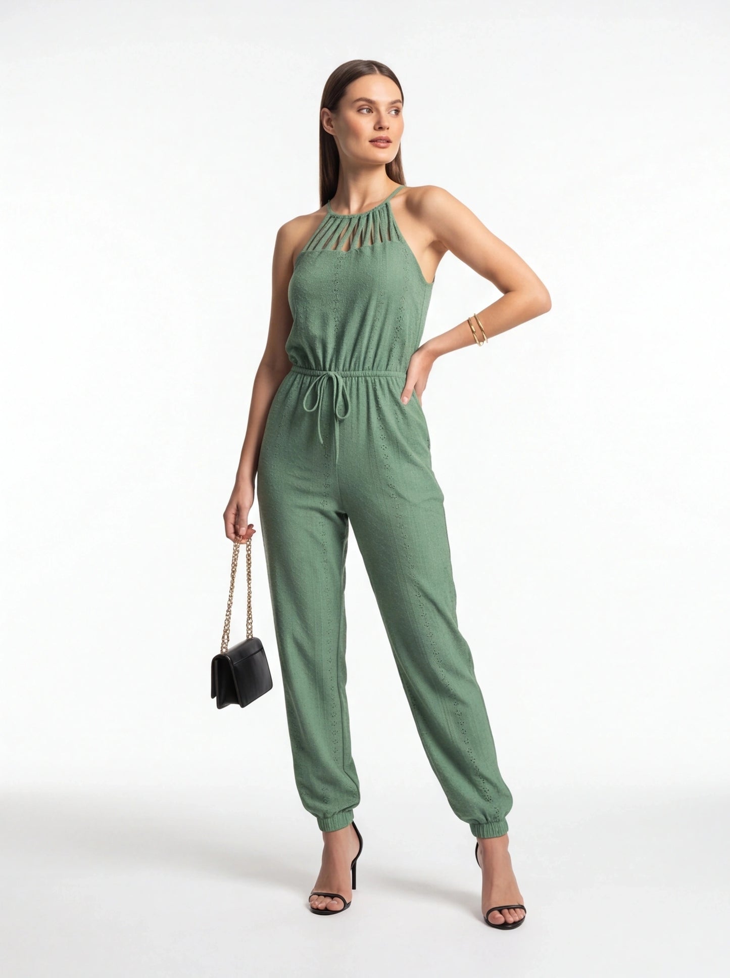 Jamota green jumpsuit halter-neck with multiple slim straps and drawstring waist, elastic cuffs