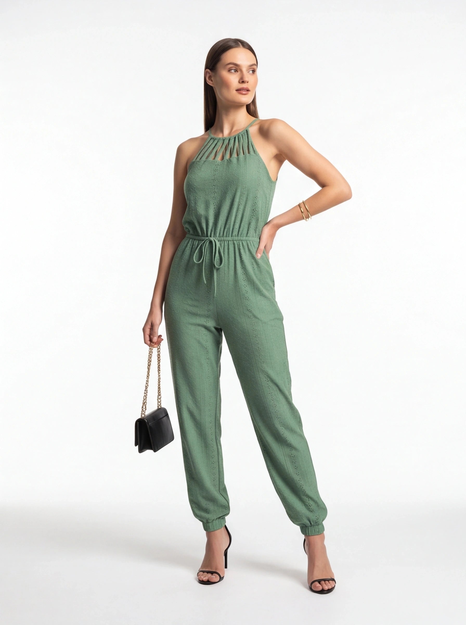 Jamota green jumpsuit halter-neck with multiple slim straps and drawstring waist, elastic cuffs