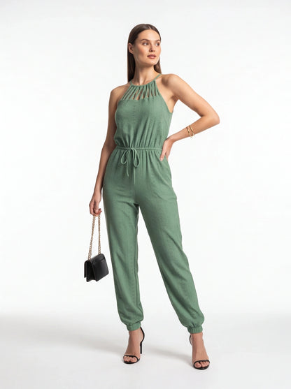 Jamota green jumpsuit halter-neck with multiple slim straps and drawstring waist, elastic cuffs