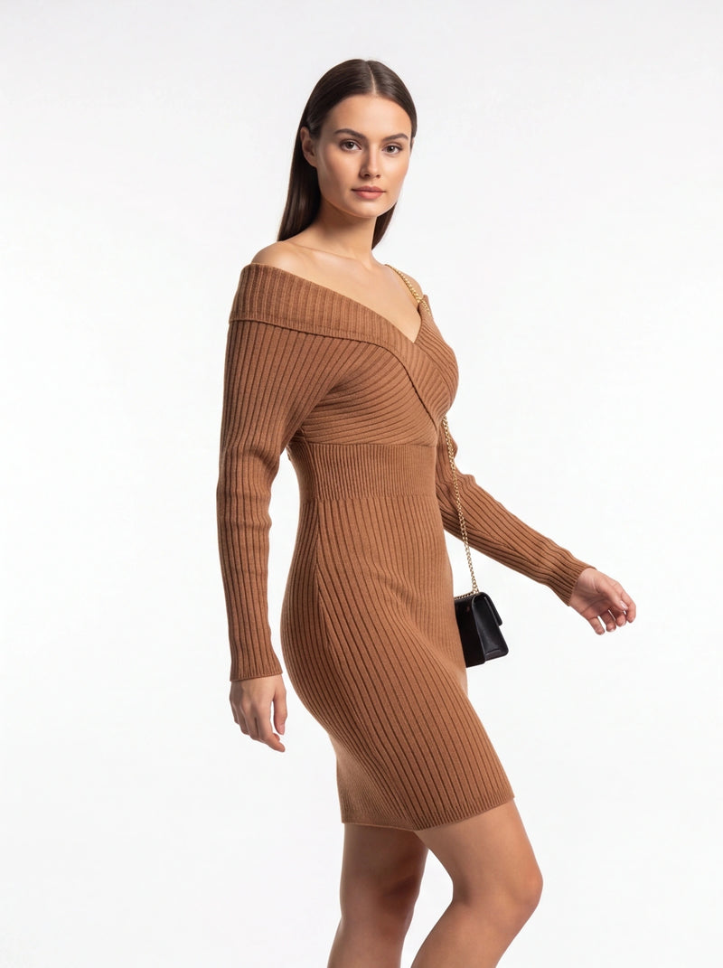 Elegant Slim Fit Bodycon Sweater Dress with Long Sleeves & Soft Knit - Jamota
