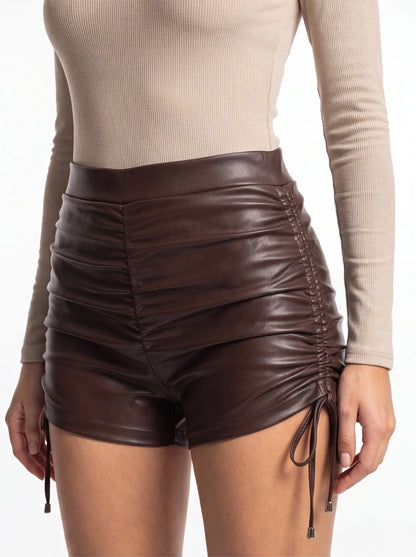 High Waisted Faux Leather Shorts with Drawstring & Elastic Waist by Jamota Uncategorized Shorts
