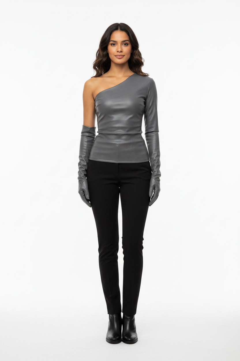 Bold Elegant Eco Leather Top with Gloves - Professional Style by Jamota Blouses Blouses & Shirts