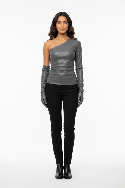 Bold Elegant Eco Leather Top with Gloves - Professional Style by Jamota Blouses Blouses & Shirts