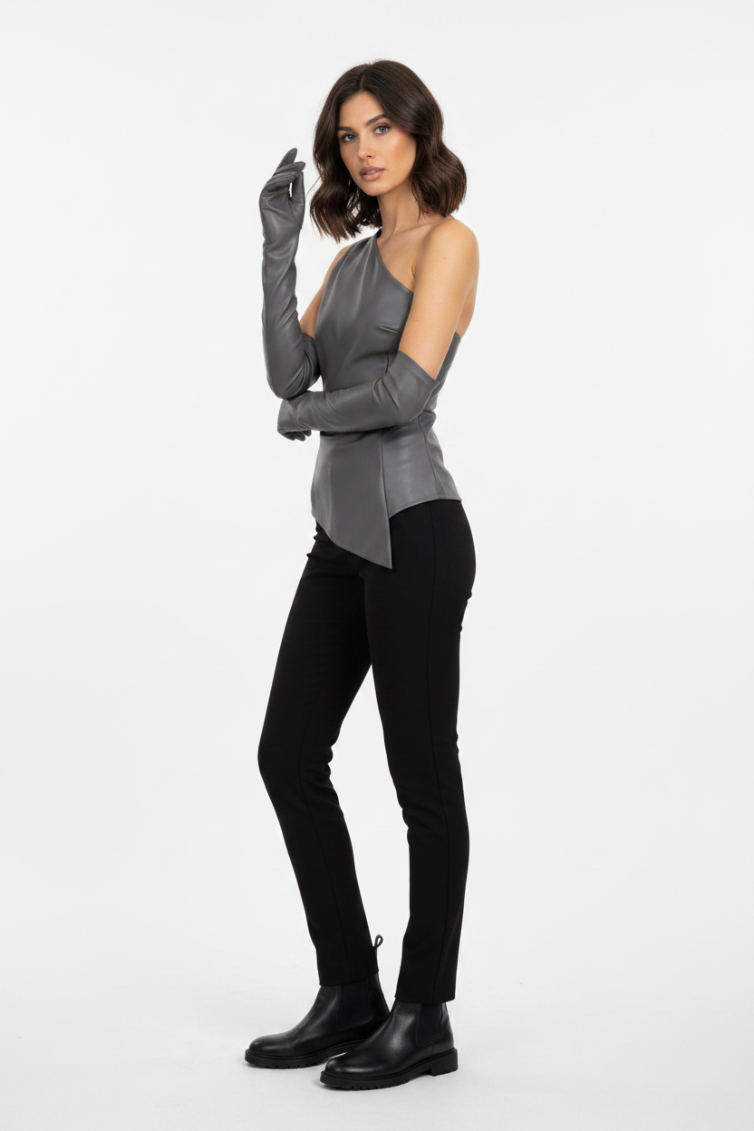 Bold Elegant Eco Leather Top with Gloves - Professional Style by Jamota Blouses Blouses & Shirts