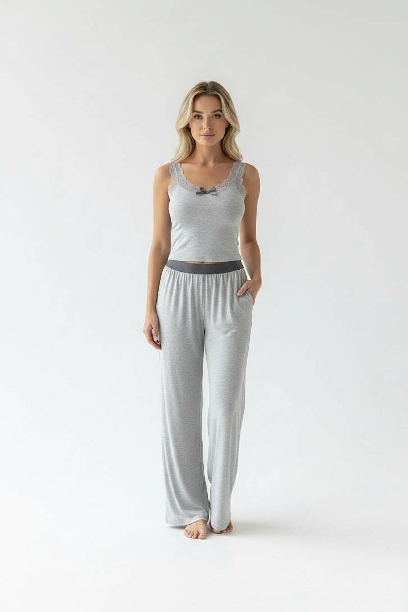 Women's Ribbed Pajama Set with Lace Accents | Soft & Comfortable Loung by Jamota Pajamas Women's Sleepwear & Loungewear