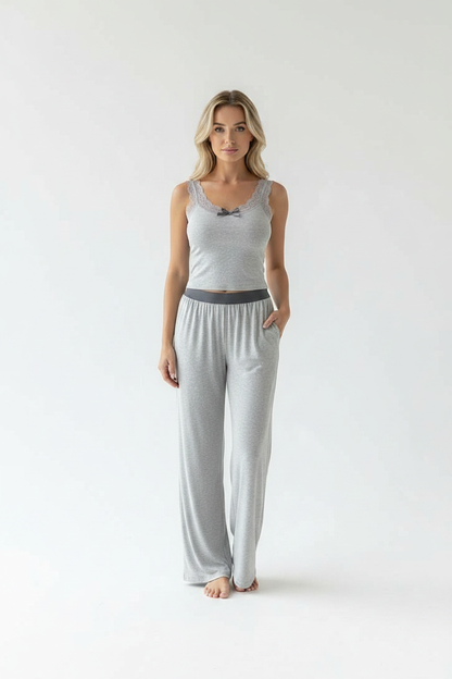 Women's Ribbed Pajama Set with Lace Accents | Soft & Comfortable Loung by Jamota Pajamas Women's Sleepwear & Loungewear