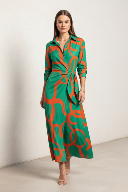 Wrap-Front Maxi Dress with Turn-Down Collar - Jamota