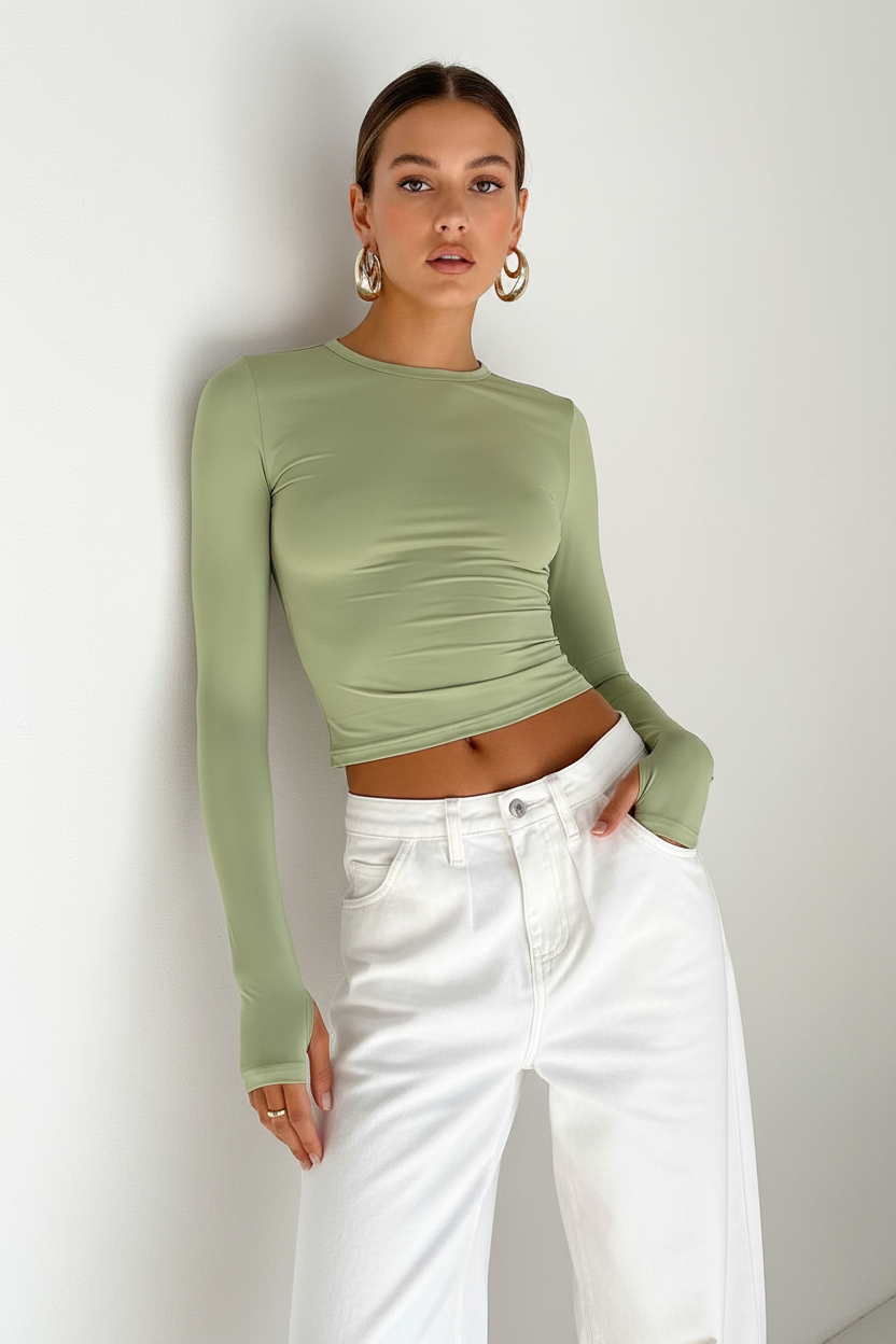 Stretch Jersey Crop Top with Long Sleeves by Jamota Crop Tops Crop Tops