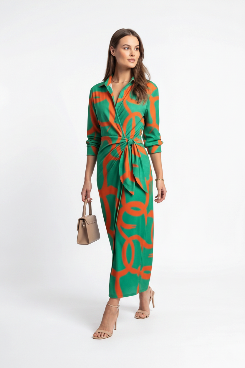 Wrap-Front Maxi Dress with Turn-Down Collar - Jamota