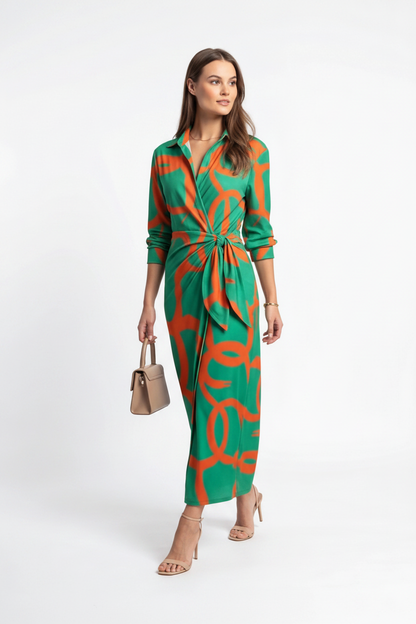 Wrap-Front Maxi Dress with Turn-Down Collar - Jamota