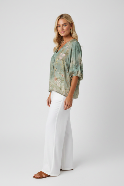 Floral Print Cotton-Blend Blouse with Long Sleeves - Jamota