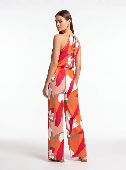 Stylish Geometric Print Halter Jumpsuit with Adjustable Straps & Pocket by Jamota One-Pieces Women's Jumpsuits