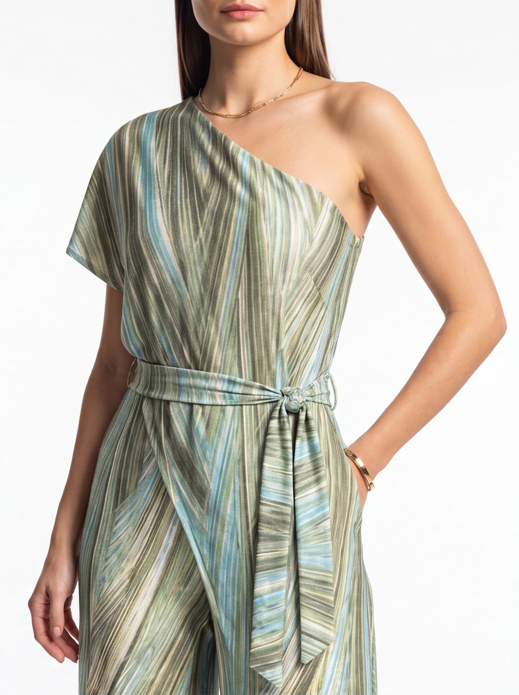Elegant Abstract Print Wide Leg Jumpsuit with Pockets and Belted Waist by Jamota One-Pieces Jumpsuits