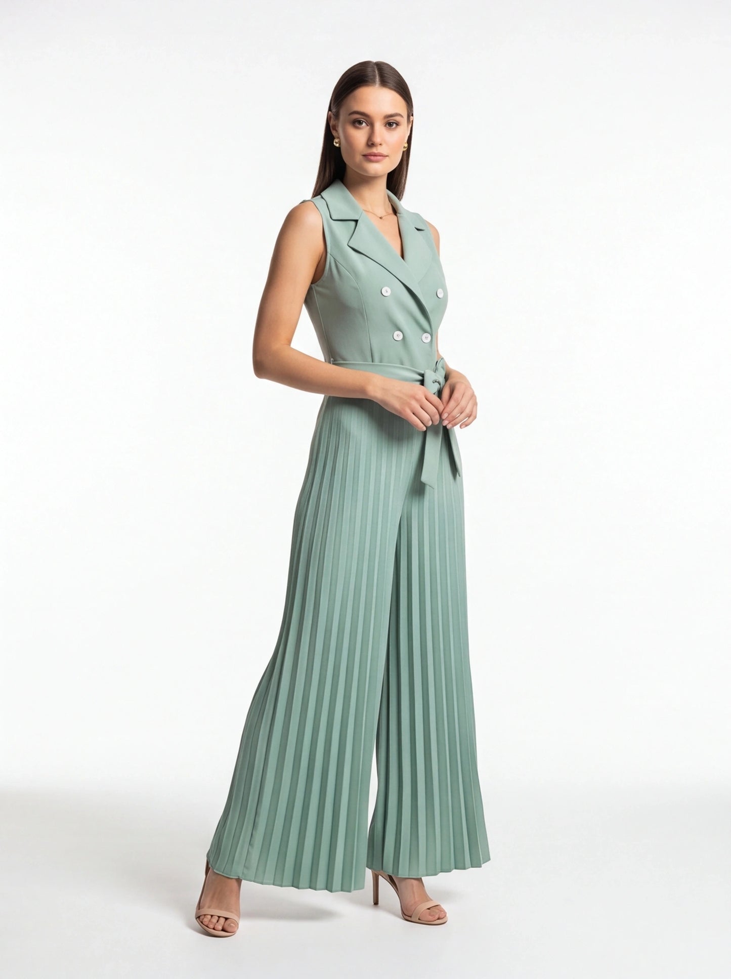 Wide-Leg Jumpsuit with Notched Collar and Belted Waist by Jamota One-Pieces Jumpsuits