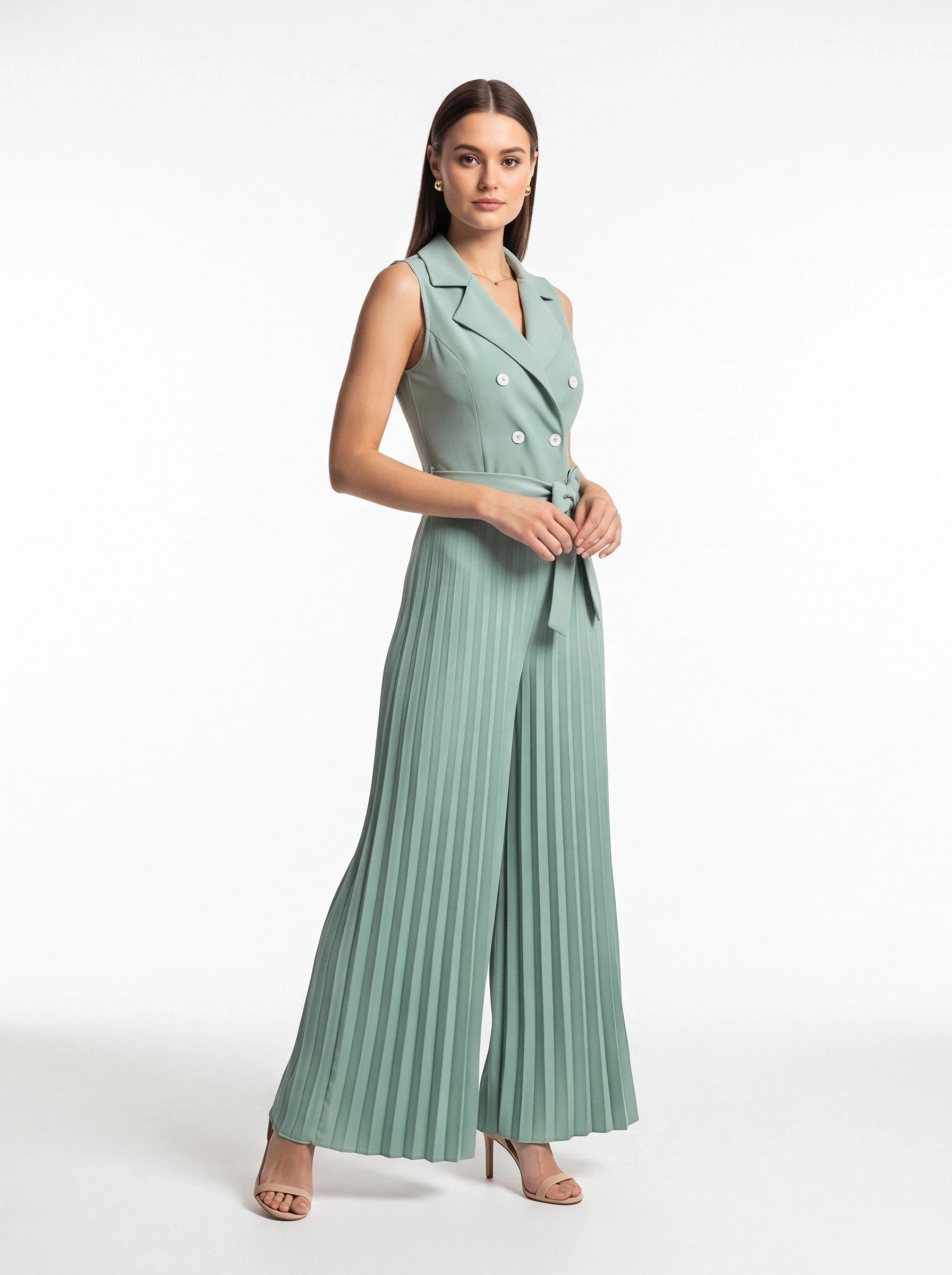 Wide-Leg Jumpsuit with Notched Collar and Belted Waist by Jamota One-Pieces Jumpsuits