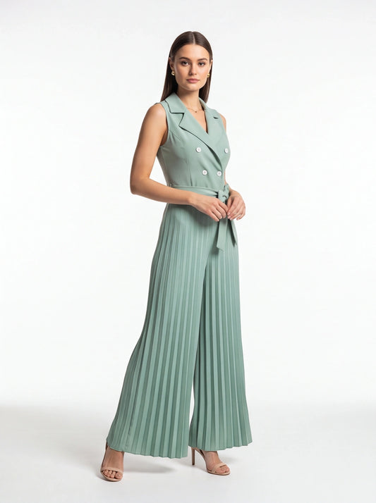 Wide-Leg Jumpsuit with Notched Collar and Belted Waist by Jamota One-Pieces Jumpsuits