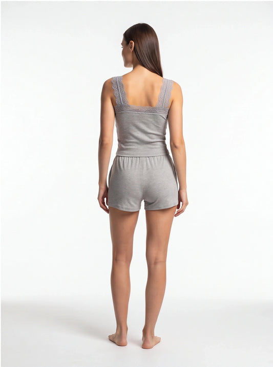 Casual Ribbed Pajama Set with Built-In Bra and Soft Comfort Shorts - Jamota