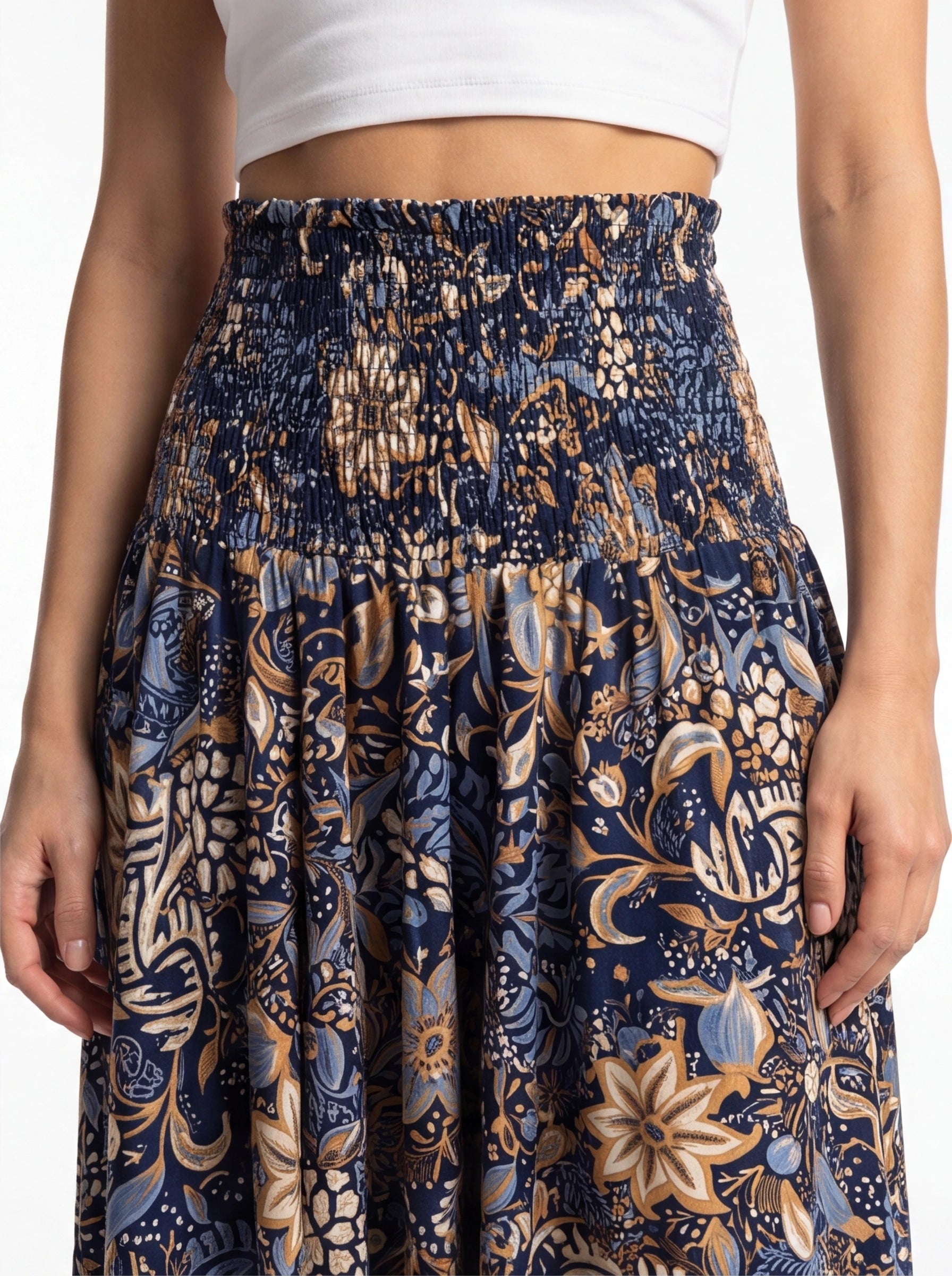 Vintage Floral Print High Waist Wide Leg Pants with Shirred Detail
