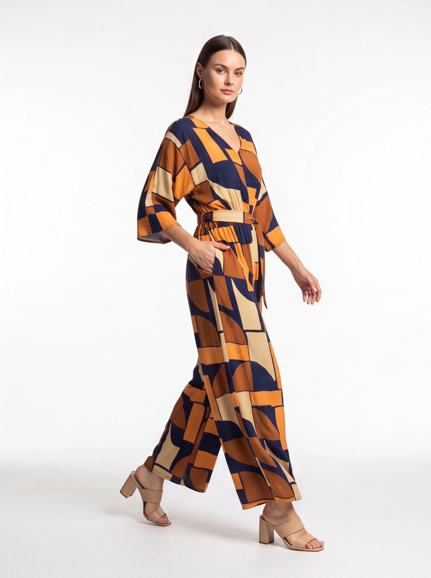 Chic Colorblock Geometric Jumpsuit with Belted Waist and Pockets by Jamota One-Pieces Jumpsuits & Rompers