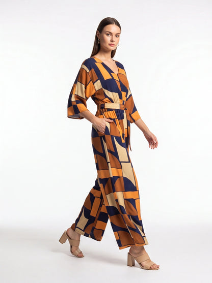 Chic Colorblock Geometric Jumpsuit with Belted Waist and Pockets by Jamota One-Pieces Jumpsuits & Rompers