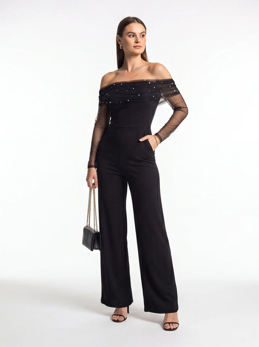 Elegant Sheer Off-Shoulder Jumpsuit with Flattering Fit & Flowing Desi - Jamota