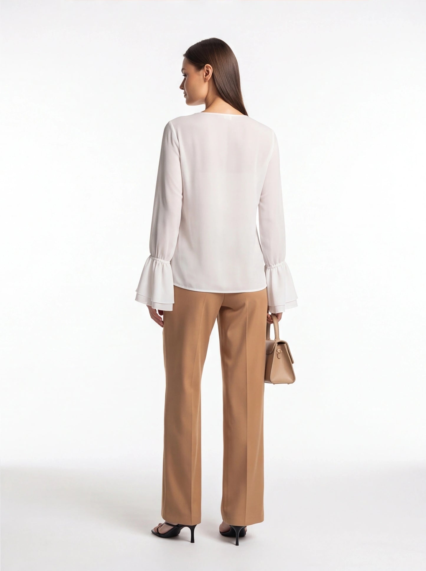 Ruffled Chiffon Blouse with Bell Sleeves and Tie Front - Jamota
