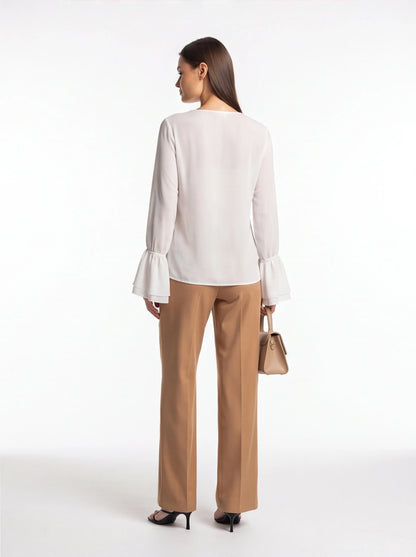 Ruffled Chiffon Blouse with Bell Sleeves and Tie Front - Jamota