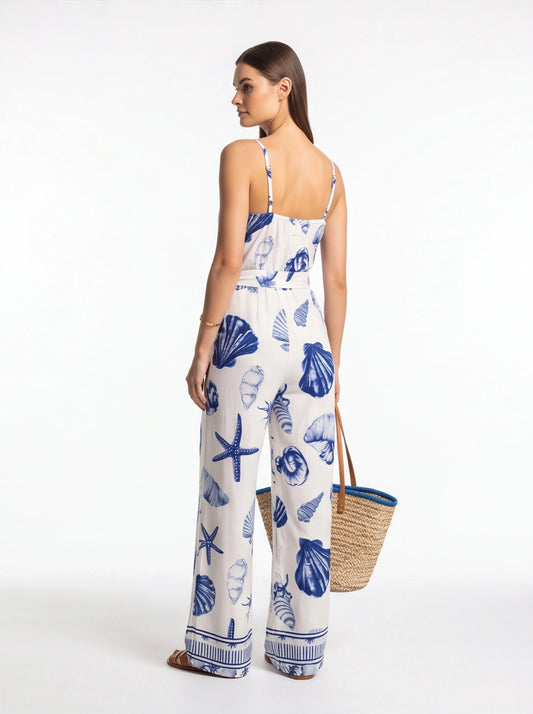 Women's White & Blue Seashell Print Wrap V-Neck Wide Leg Jumpsuit with Adjustable Straps - Jamota