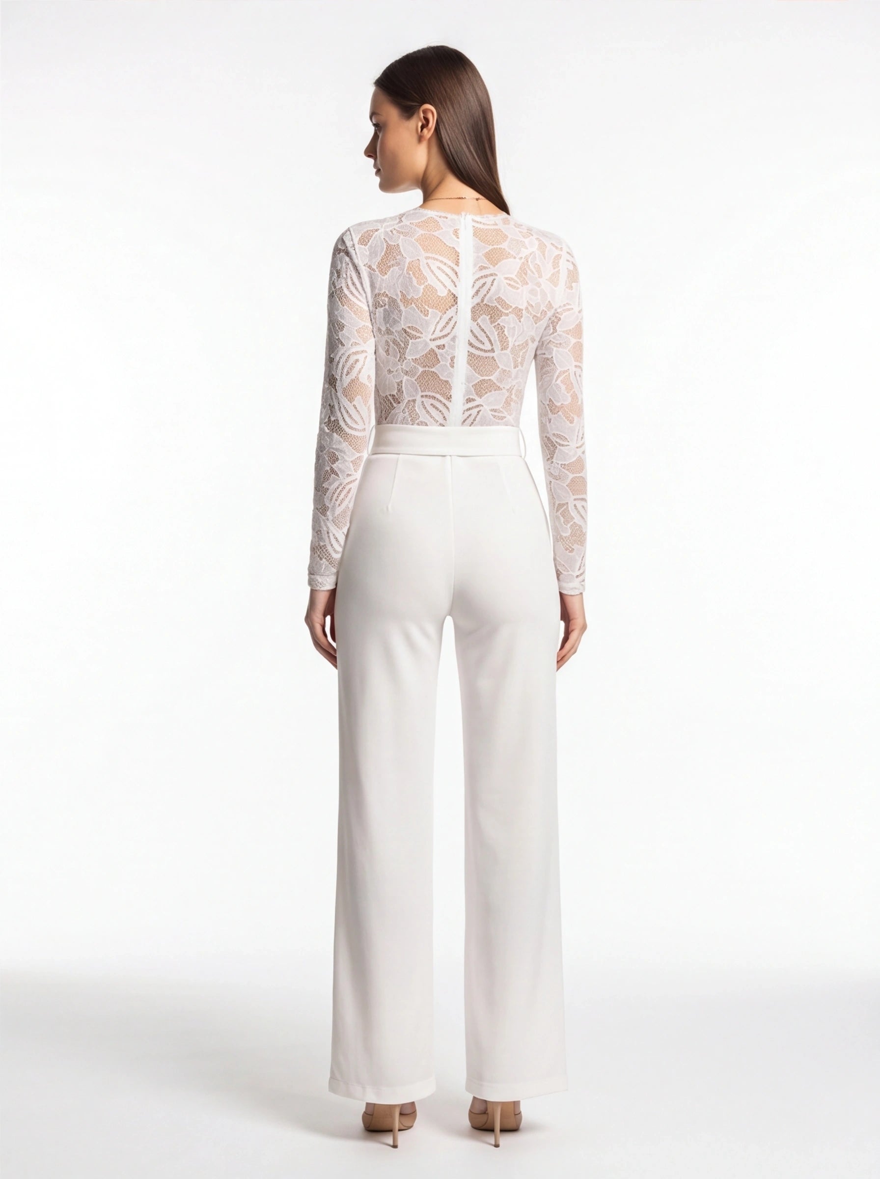 Jamota white floral lace jumpsuit with long sleeves and back zipper, wide-leg pants