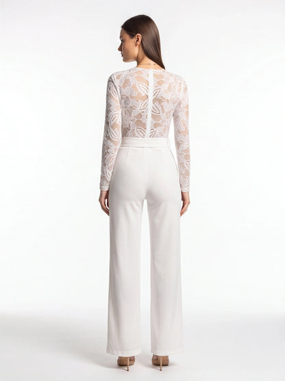 Jamota white floral lace jumpsuit with long sleeves and back zipper, wide-leg pants