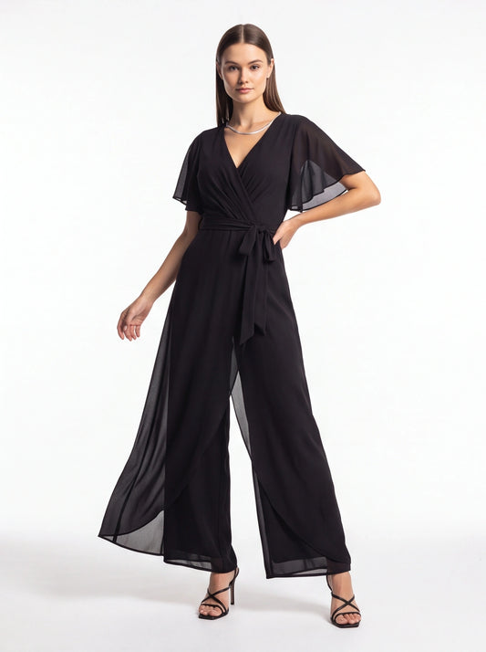 Elegant Wide Leg Jumpsuit Black Wrap V-Neck with Flutter Sleeves Tie Waist by Jamota One-Pieces Women's Jumpsuits