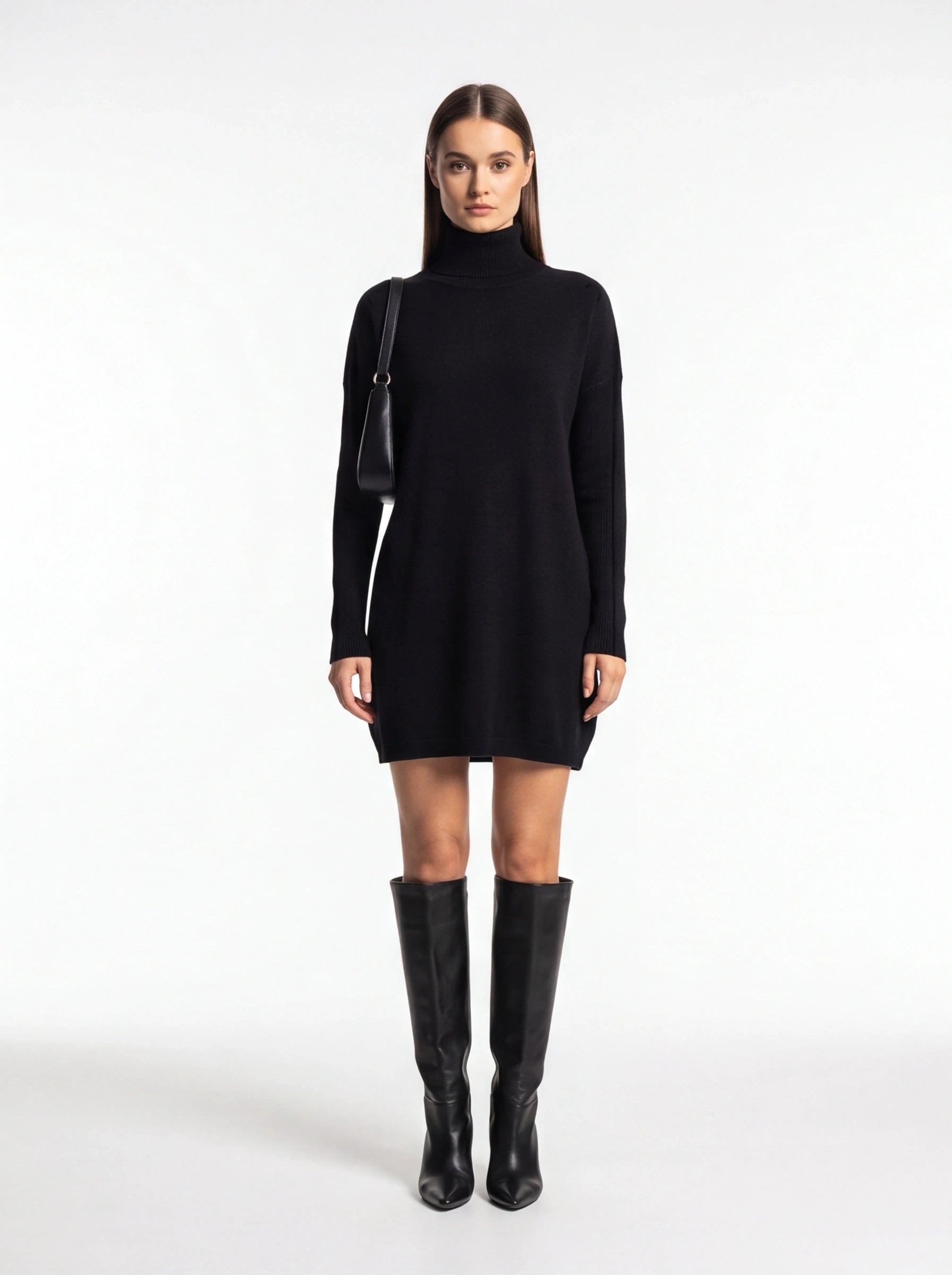 Cozy Black Turtleneck Sweater Dress with Long Sleeves and Ribbed Detail - Jamota