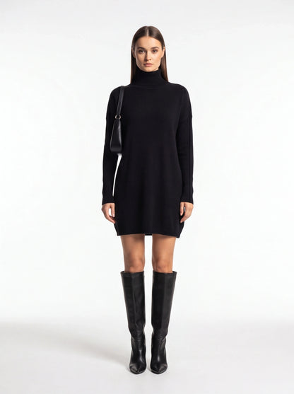 Cozy Black Turtleneck Sweater Dress with Long Sleeves and Ribbed Detail - Jamota