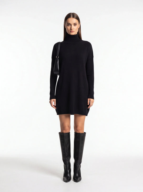 Cozy Black Turtleneck Sweater Dress with Long Sleeves and Ribbed Detai