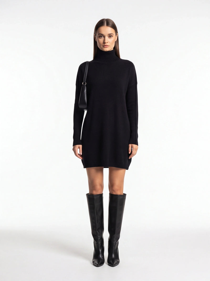 Cozy Black Turtleneck Sweater Dress with Long Sleeves and Ribbed Detail - Jamota