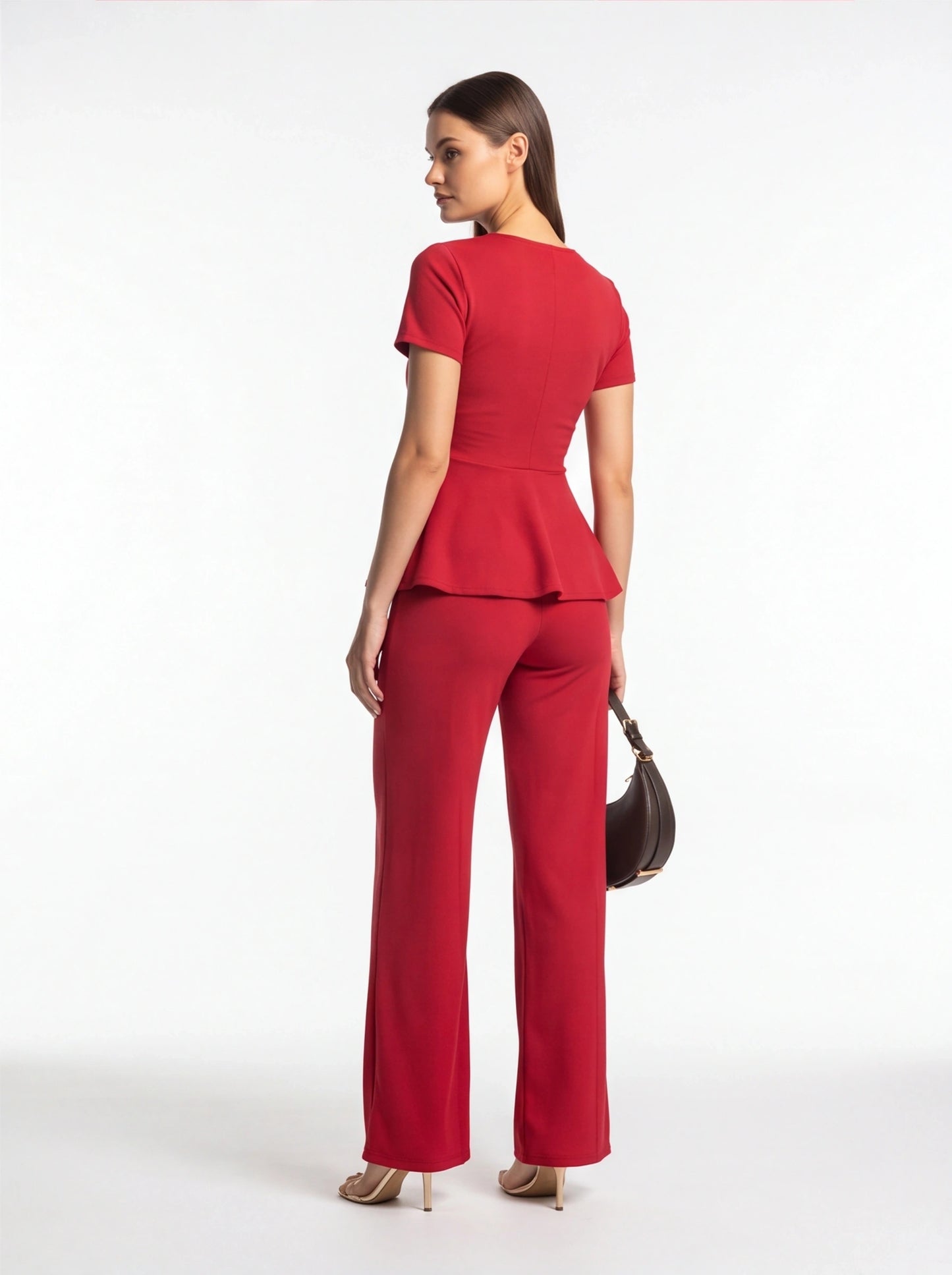 Wide-Leg Jumpsuit with Peplum Waist and Short Sleeves - Jamota