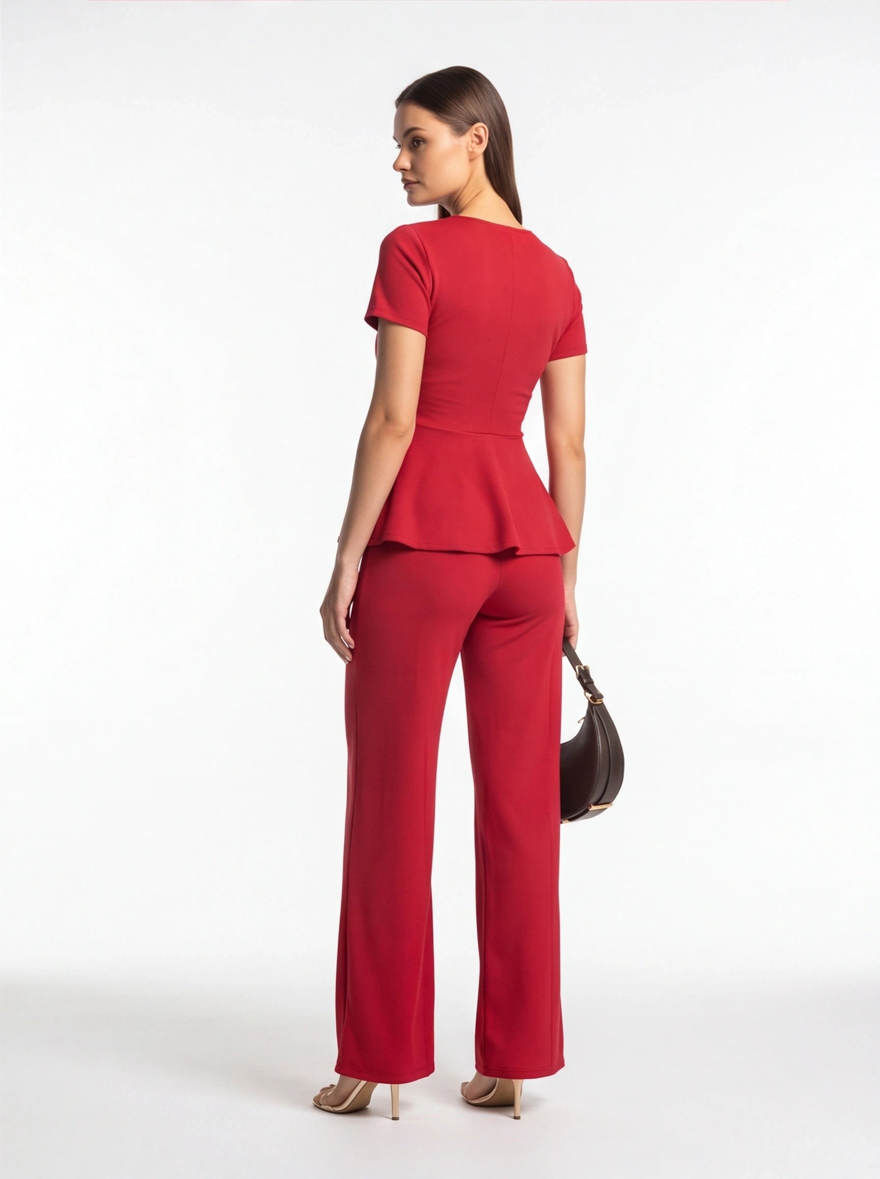 Wide-Leg Jumpsuit with Peplum Waist and Short Sleeves - Jamota