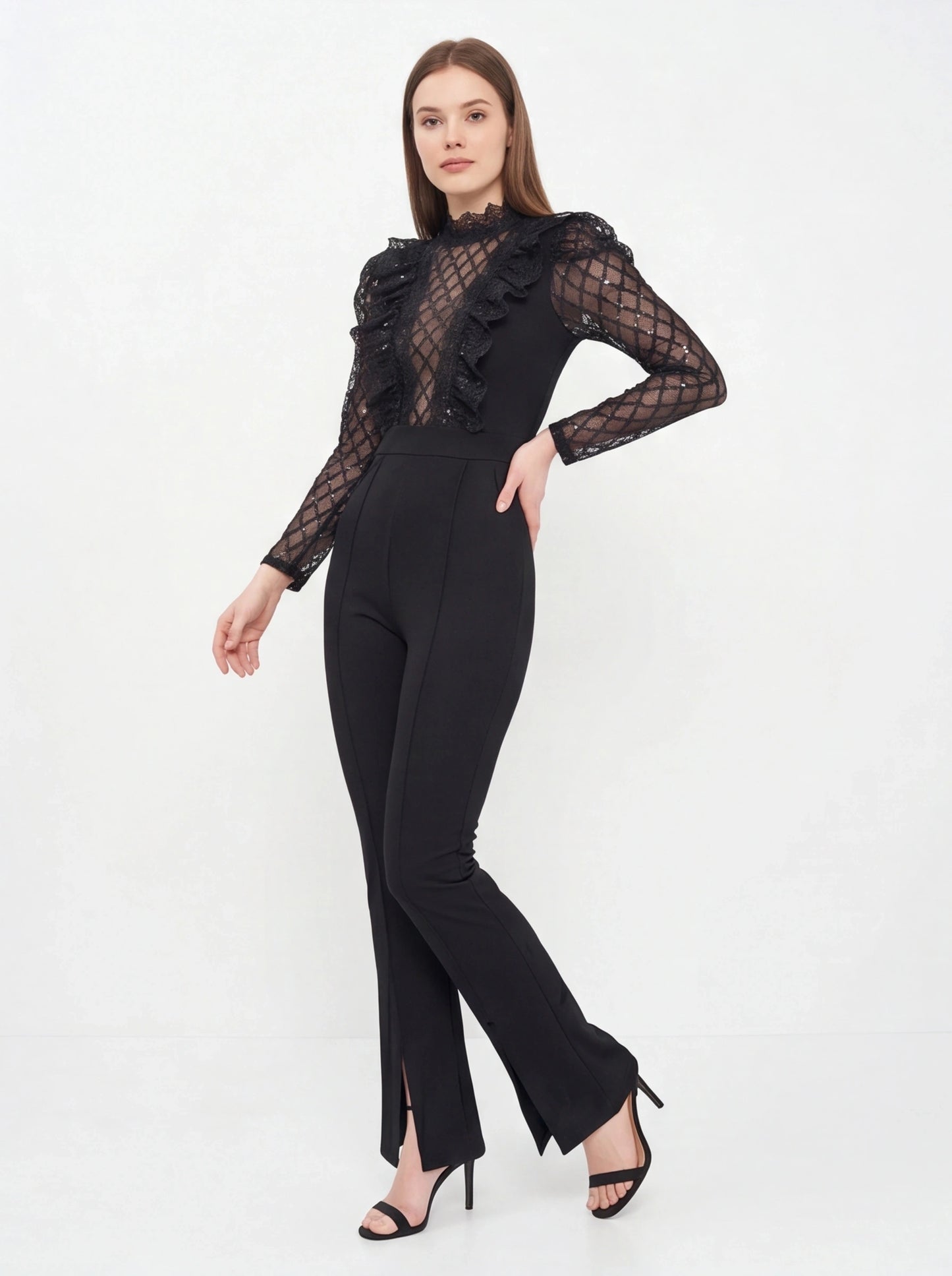Jamota black jumpsuit with sheer lattice sleeves, high lace neckline, ruffled front, fitted waist and wide-leg pants